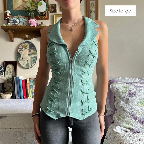 Lydia USA Tops - Lydia Turquoise Teal Biker Style Corset Halter Top with front zip up LARGE